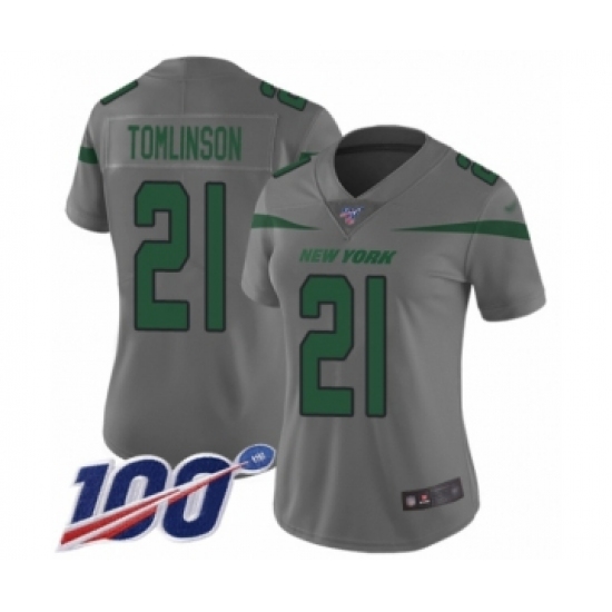 Women's New York Jets #21 LaDainian Tomlinson Limited Gray Inverted Legend 100th Season Football Jersey