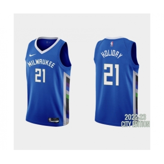 Men's Milwaukee Bucks #21 Jrue Holiday 2022-23 City Edition Blue Stitched Basketball Jersey - Ujersey