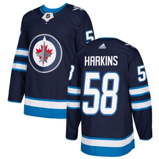 Men's Adidas Winnipeg Jets #58 Jansen Harkins Authentic Navy Blue Home NHL Jersey - Ujersey