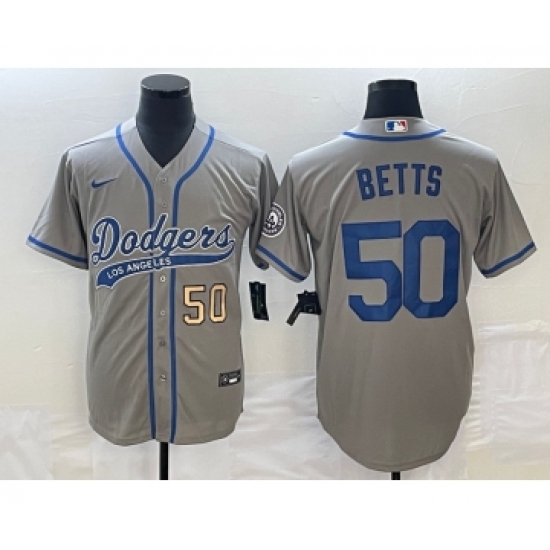 Men's Los Angeles Dodgers #50 Mookie Betts Number Grey Cool Base Stitched Baseball Jersey - Ujersey