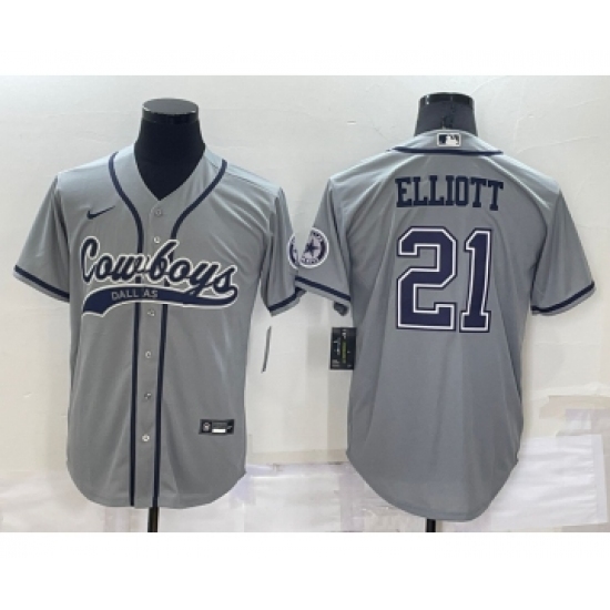 Men's Dallas Cowboys #21 Ezekiel Elliott Grey Stitched Cool Base Nike Baseball Jersey - Ujersey