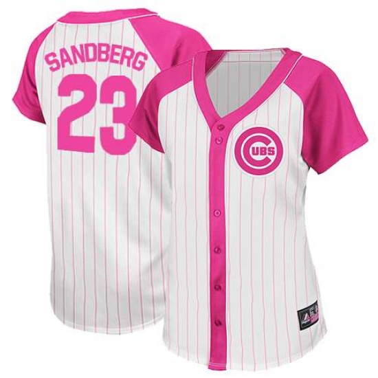 Women's Majestic Chicago Cubs #23 Ryne Sandberg Authentic White/Pink Splash Fashion MLB Jersey - Ujersey