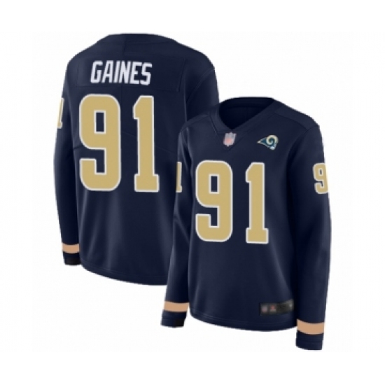Women's Los Angeles Rams #91 Greg Gaines Limited Navy Blue Therma Long Sleeve Football Jersey