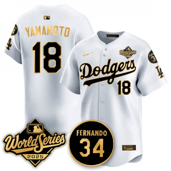 Men's Los Angeles Dodgers #18 Yoshinobu Yamamoto White Gold 2025 World Series With No.34 Limited Stitched Baseball Jersey - Ujersey