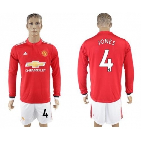 Manchester United #4 Jones Red Home Long Sleeves Soccer Club Jersey