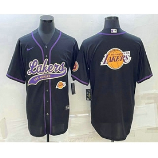 Men's Los Angeles Lakers Black Team Big Logo With Cool Base Stitched Baseball Jersey - Ujersey