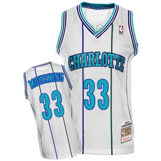 Men's Mitchell and Ness Charlotte Hornets #33 Alonzo Mourning Swingman White Throwback NBA Jersey