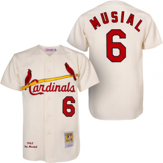 Men's Mitchell and Ness 1963 St. Louis Cardinals #6 Stan Musial Replica Cream Throwback MLB Jersey - Ujersey
