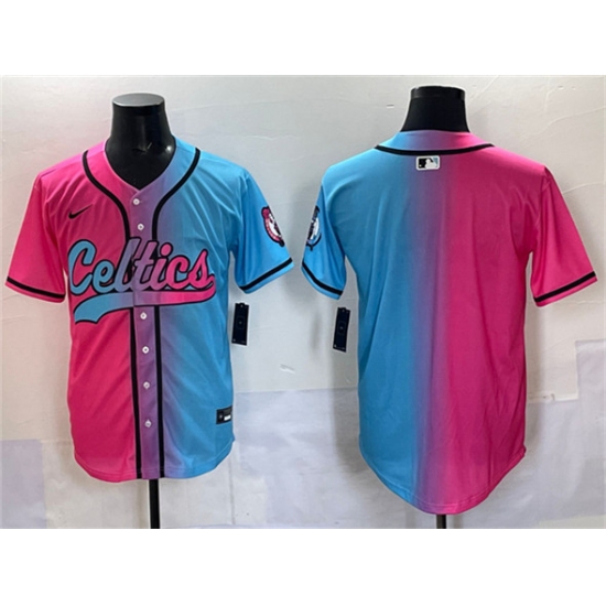 Men's Boston Celtics Blank Pink Blue Limited Stitched Baseball Jersey - Ujersey