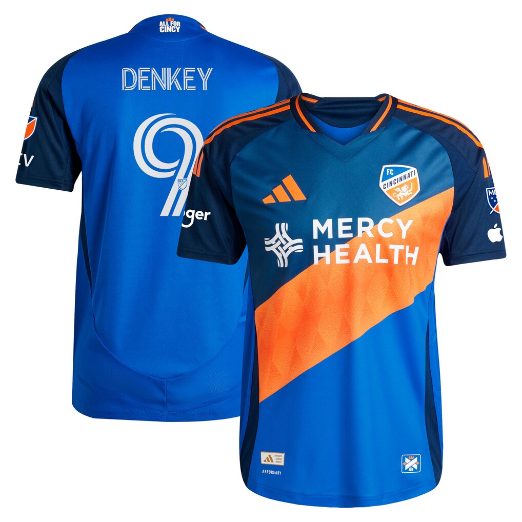 Men's FC Cincinnati Kévin Denkey adidas Blue 2025 Orange and Blue Legacy Kit Authentic Player Jersey - Ujersey
