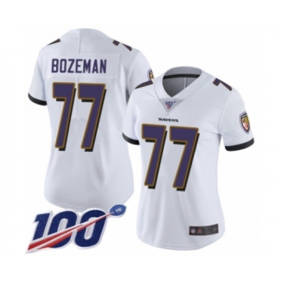 Women's Baltimore Ravens #77 Bradley Bozeman White Vapor Untouchable Limited Player 100th Season Football Jersey - Ujersey