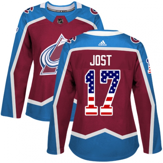 Women's Adidas Colorado Avalanche #17 Tyson Jost Authentic Burgundy Red USA Flag Fashion NHL Jersey - Ujersey