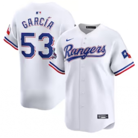 Men's Texas Rangers #53 Adolis García Nike White Home 2023 World Series Champions Limited Jersey