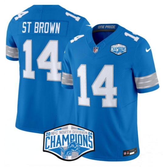 Men's Detroit Lions #14 Amon-Ra St. Brown Blue 2024 NFC North Champions F.U.S.E. Vapor Limited Stitched Jersey