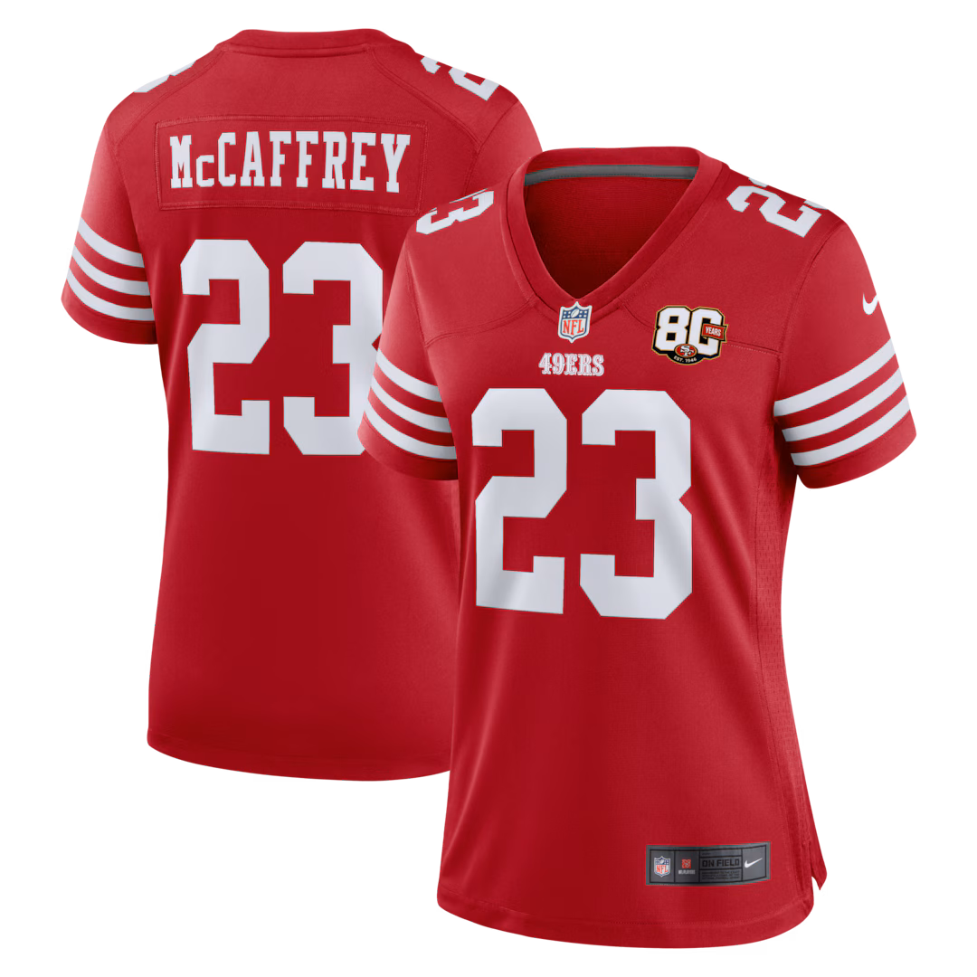 Women's San Francisco 49ers Christian McCaffrey Nike Scarlet 80th Anniversary Game Jersey - Ujersey