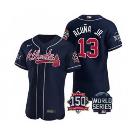 Men's Atlanta Braves #13 Ronald Acuna Jr. 2021 Navy World Series Flex Base With 150th Anniversary Patch Baseball Jersey - Ujersey