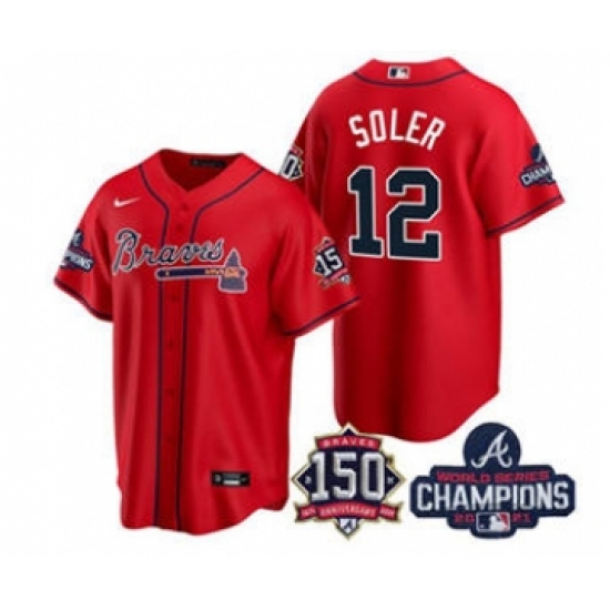 Men's Atlanta Braves #12 Jorge Soler 2021 Red World Series Champions With 150th Anniversary Patch Cool Base Stitched Jersey - Ujersey