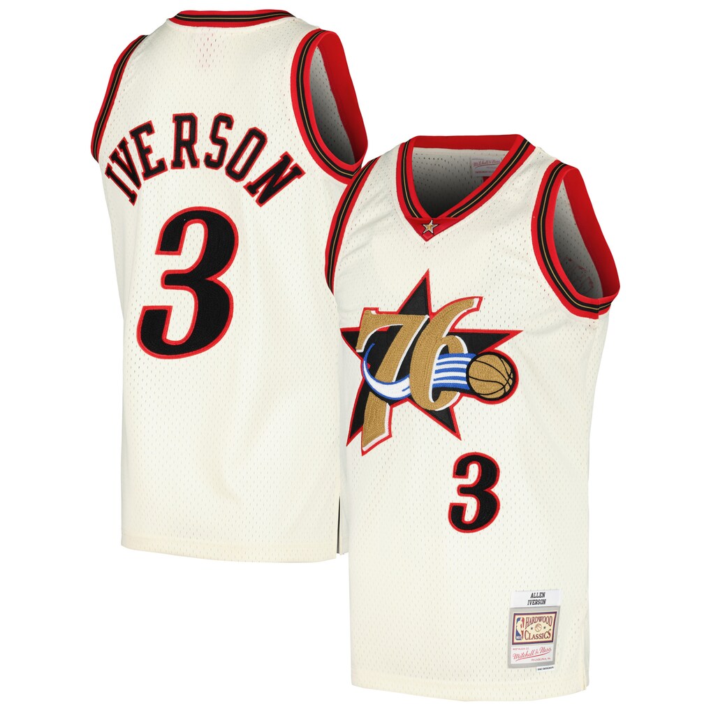 Men's Philadelphia 76ers Allen Iverson Mitchell & Ness Cream Chainstitch Swingman Jersey - Ujersey
