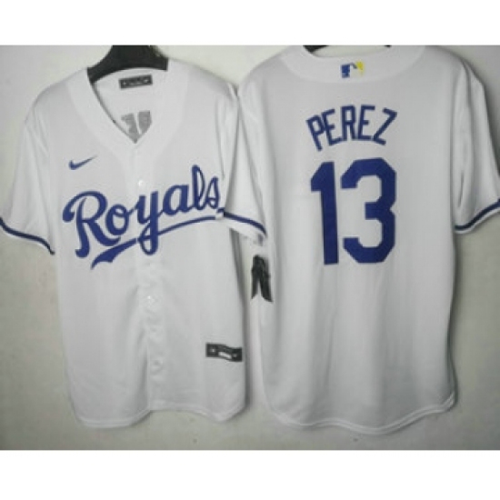 Men's Kansas City Royals #13 Salvador Perez White Cool Base Stitched MLB Jersey - Ujersey