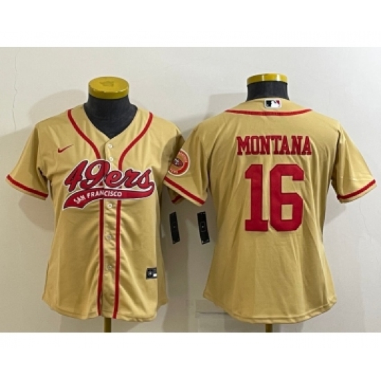Women's San Francisco 49ers #16 Joe Montana Gold With Patch Cool Base Stitched Baseball Jersey - Ujersey