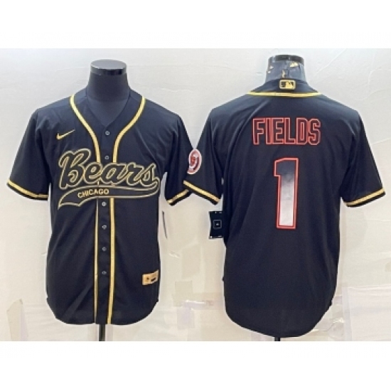 Men's Chicago Bears #1 Justin Fields Black Gold With Patch Smoke Cool Base Stitched Baseball Jersey - Ujersey