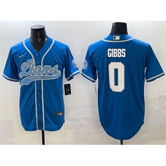 Men's Detroit Lions #0 Jahmyr Gibbs Blue Cool Base Stitched Baseball Jersey - Ujersey