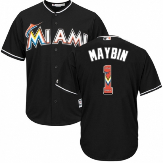Men's Majestic Miami Marlins #1 Cameron Maybin Authentic Black Team Logo Fashion Cool Base MLB Jersey - Ujersey