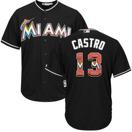 Men's Majestic Miami Marlins #13 Starlin Castro Authentic Black Team Logo Fashion Cool Base MLB Jersey