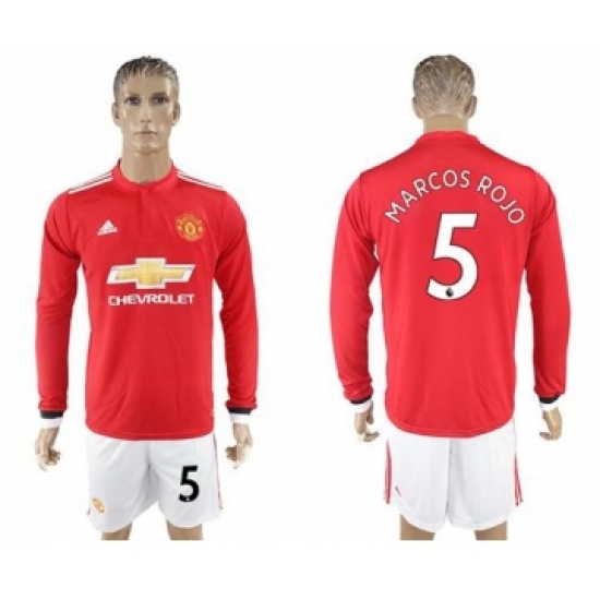Manchester United #5 Marcos Rojo Red Home Long Sleeves Soccer Club Jersey