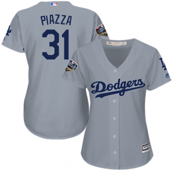 Women's Majestic Los Angeles Dodgers #31 Mike Piazza Authentic Grey Road Cool Base 2018 World Series MLB Jersey - Ujersey
