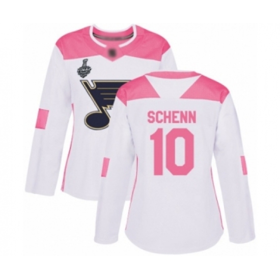 Women's St. Louis Blues #10 Brayden Schenn Authentic White Pink Fashion 2019 Stanley Cup Final Bound Hockey Jersey - Ujersey