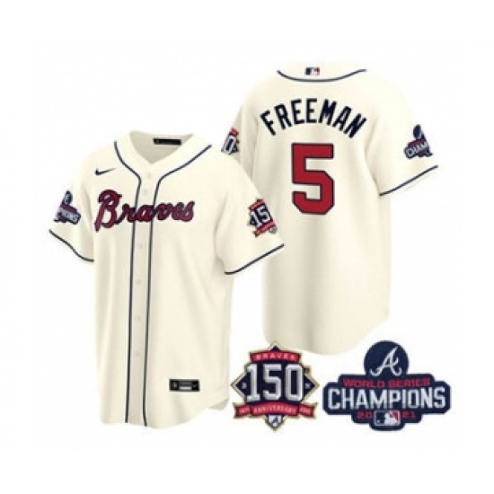 Men's Atlanta Braves #5 Freddie Freeman 2021 Cream World Series Champions With 150th Anniversary Patch Cool Base Stitched Jersey - Ujersey