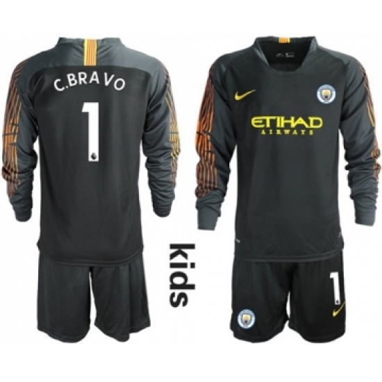Manchester City #1 C.Bravo Black Goalkeeper Long Sleeves Kid Soccer Club Jersey