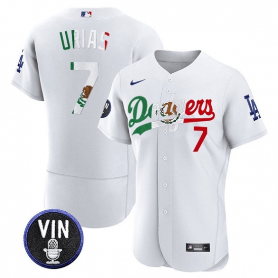 Men's Los Angeles Dodgers #7 Julio Urias White Mexico Special Vin Scully Flex Base Stitched Baseball Jersey - Ujersey