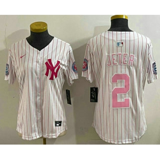Women's New York Yankees #2 Derek Jeter White Pink Pinstripe Fashion Cool Base Jersey - Ujersey