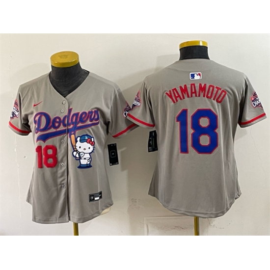 Women's Los Angeles Dodgers #18 Yoshinobu Yamamoto Grey Hello Kitty Night 2025 World Series Champions Stitched Baseball Jersey(Run Small) - Ujersey