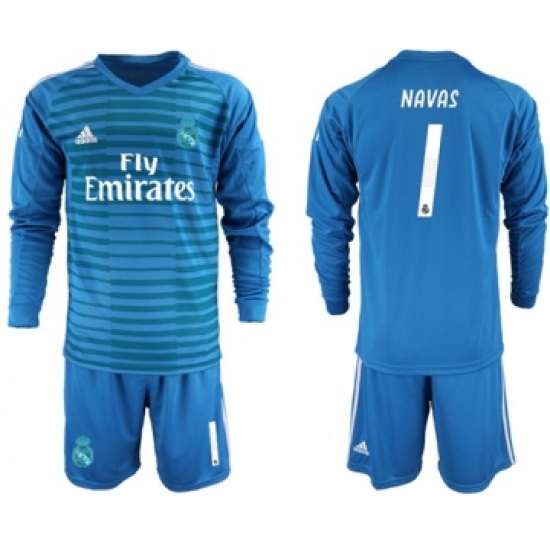 Real Madrid #1 Navas Blue Goalkeeper Long Sleeves Soccer Club Jersey
