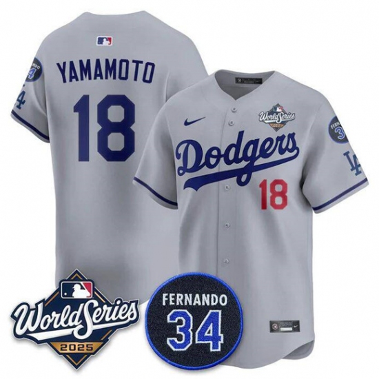 Men's Los Angeles Dodgers #18 Yoshinobu Yamamoto Gray 2025 World Series With No. 34 Limited Stitched Jersey - Ujersey