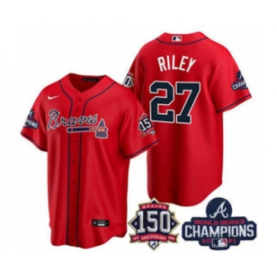 Men's Atlanta Braves #27 Austin Riley 2021 Red World Series Champions With 150th Anniversary Patch Cool Base Stitched Jersey - Ujersey