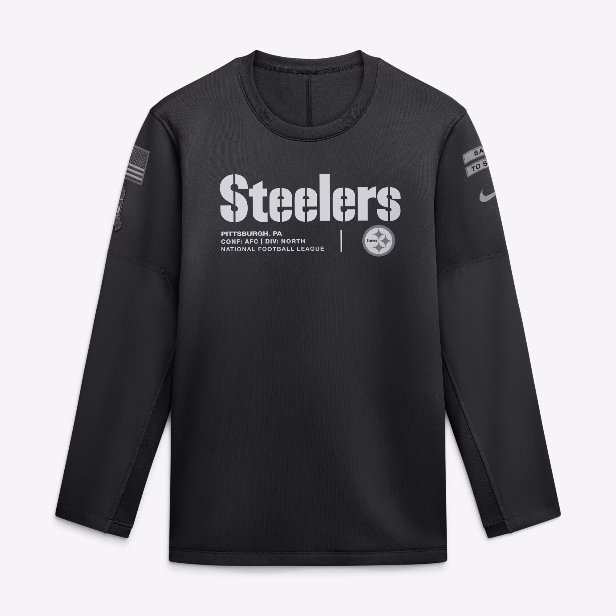Men's Pittsburgh Steelers  Nike Black 2026 Salute to Service Sideline Coaches Crewneck Therma-FIT Sweatshirt - Ujersey