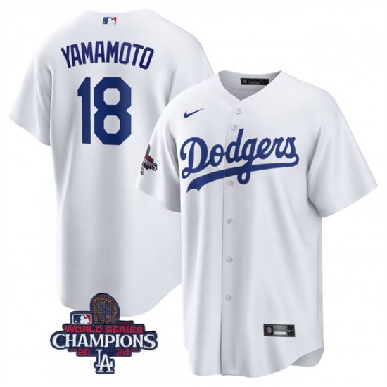 Men's Los Angeles Dodgers #18 Yoshinobu Yamamoto White 2024 World Series Champions Cool Base Stitched Baseball Jersey - Ujersey