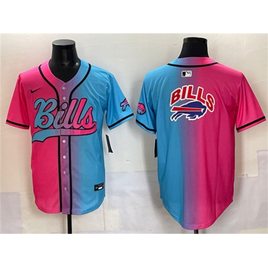 Men's Buffalo Bills Team Big Logo Pink Blue Limited Stitched Baseball Jersey - Ujersey