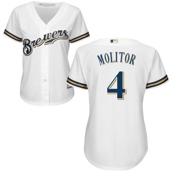 Women's Majestic Milwaukee Brewers #4 Paul Molitor Authentic White Home Cool Base MLB Jersey - Ujersey