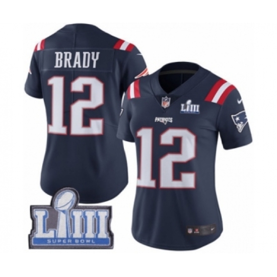 Women's Nike New England Patriots #12 Tom Brady Limited Navy Blue Rush Vapor Untouchable Super Bowl LIII Bound NFL Jersey - Ujersey