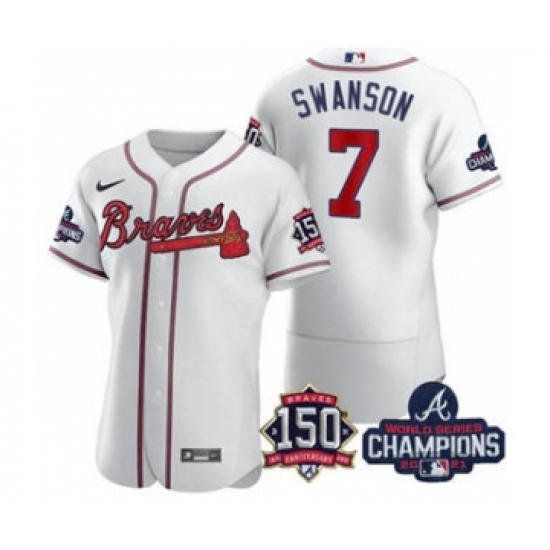 Men's Atlanta Braves #7 Dansby Swanson 2021 White World Series Champions With 150th Anniversary Flex Base Stitched Jersey - Ujersey