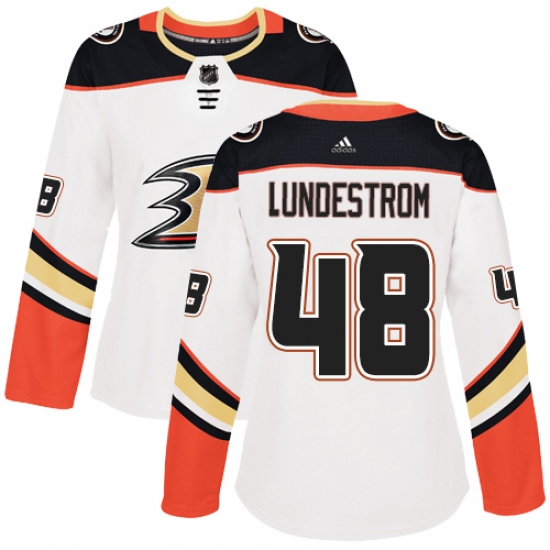Women's Adidas Anaheim Ducks #48 Isac Lundestrom Authentic White Away NHL Jersey
