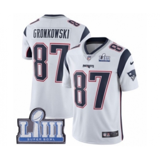Men's Nike New England Patriots #87 Rob Gronkowski White Vapor Untouchable Limited Player Super Bowl LIII Bound NFL Jersey - Ujersey