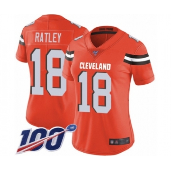 Women's Cleveland Browns #18 Damion Ratley Orange Alternate Vapor Untouchable Limited Player 100th Season Football Jersey - Ujersey
