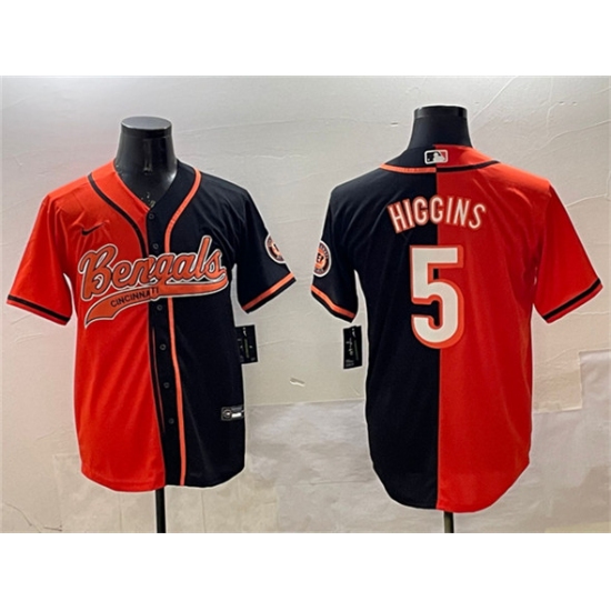 Men's Cincinnati Bengals #5 Tee Higgins Orange Black Split With Cool Base Stitched Jersey - Ujersey
