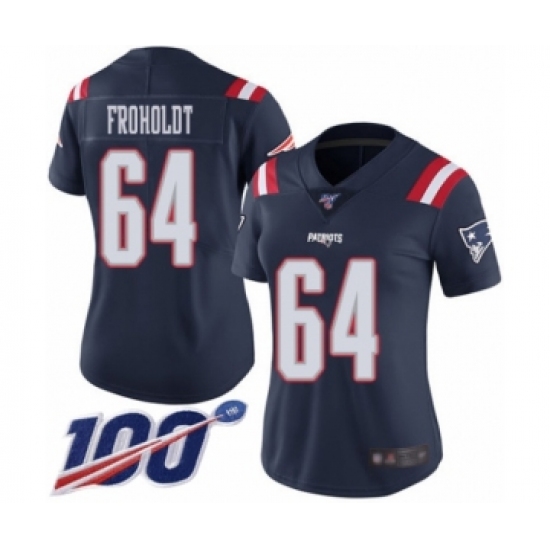 Women's New England Patriots #64 Hjalte Froholdt Limited Navy Blue Rush Vapor Untouchable 100th Season Football Jersey - Ujersey